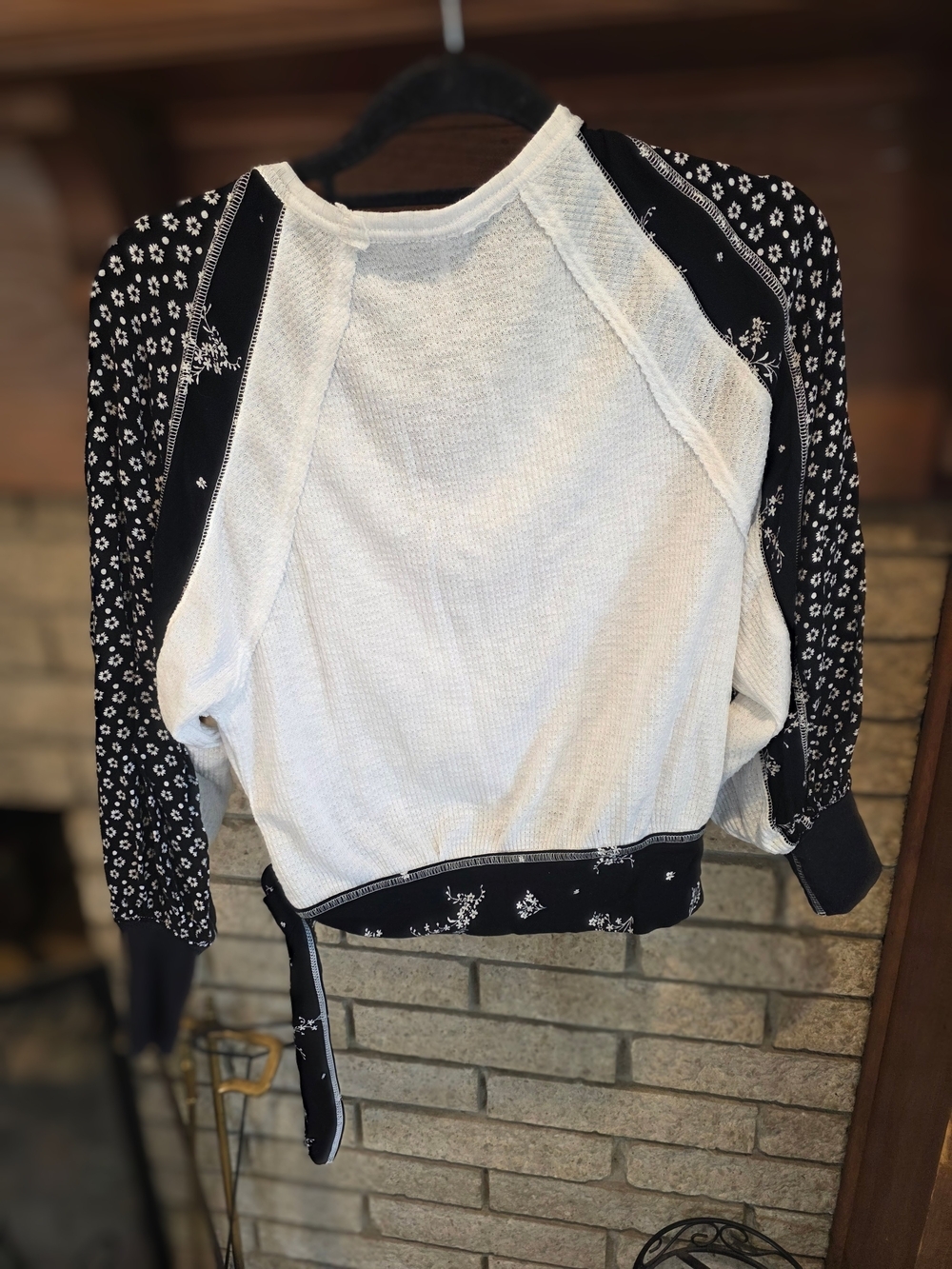 Free People Cream Knit Thermal Tank with Black Floral Trim - Picture 4 of 6